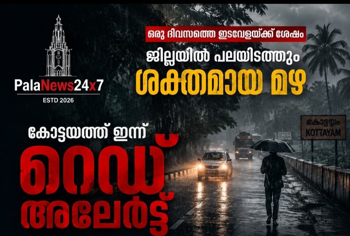 കോട്ടയത്ത് ഇന്ന് റെഡ് അലർട്ട്; ശക്തമായ മഴയ്ക്ക് സാധ്യത