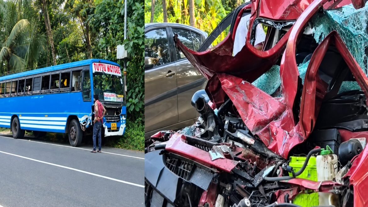 പാലാ–പൊൻകുന്നം റോഡിൽ കാറും സ്വകാര്യ ബസും കൂട്ടിയിടിച്ച് രണ്ടുപേർക്ക് പരിക്ക്